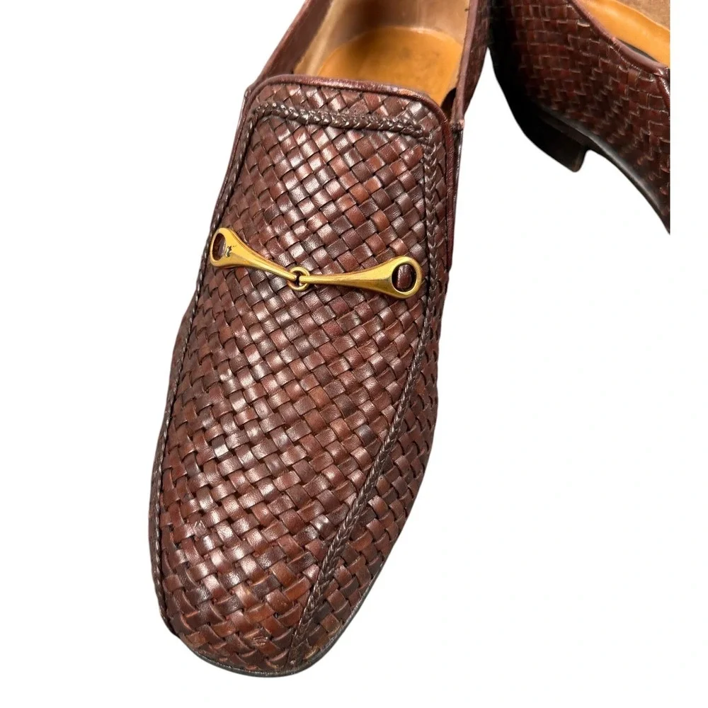 A. Testoni Brown Leather Woven Horse Gold Bit Men's Loafers Size UK5 Us 6 G
